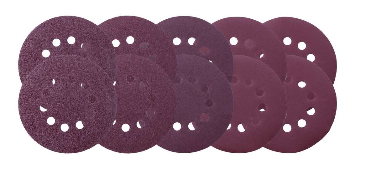Scheppach Schleifpapier, 10 Stück, 180 mm Durchmesser, Körnung 40, 80, 120, 180, 240, je 2 Stück. Gezeigt von vorne auf weißem Hintergrund.