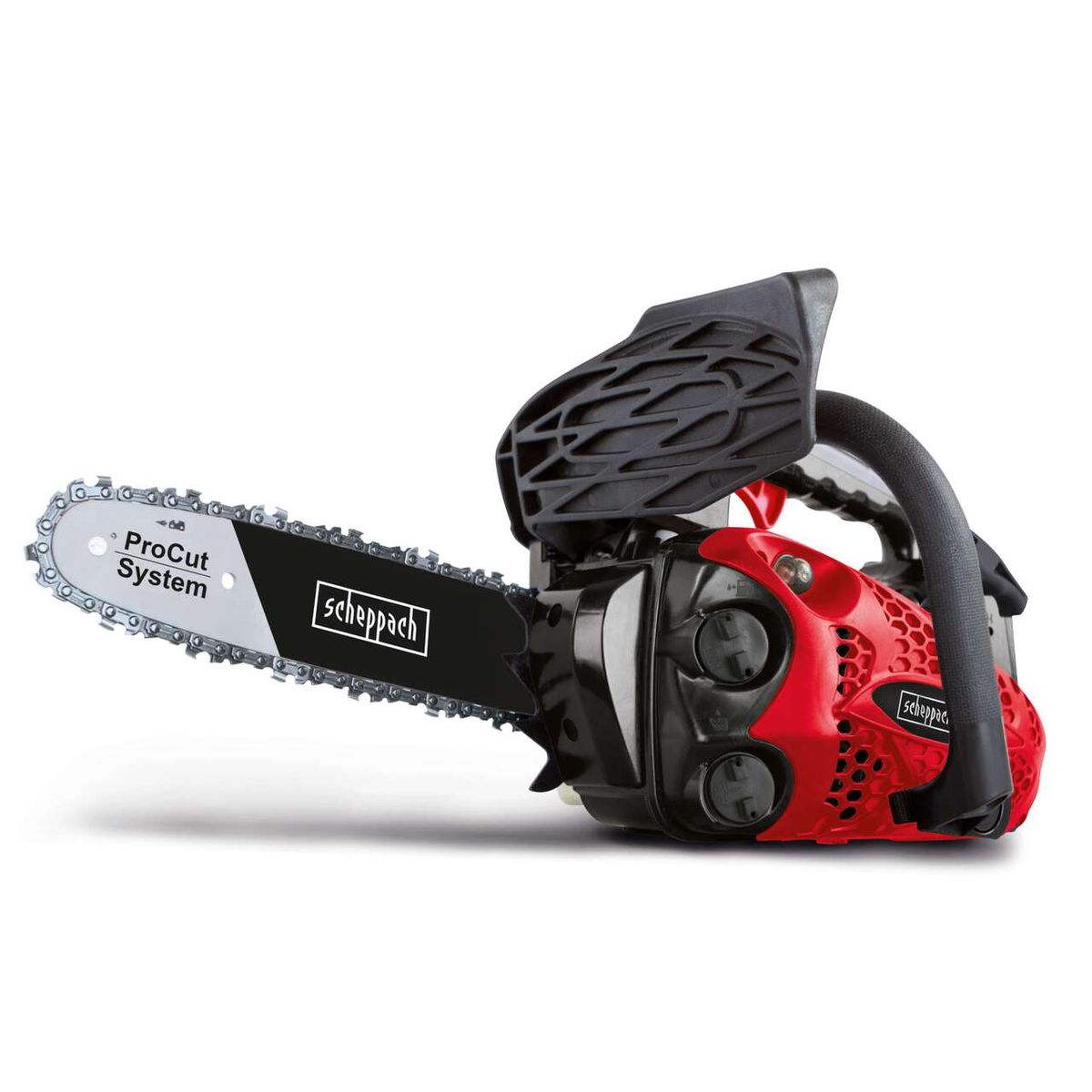 Scheppach-Kettensäge mit ProCut-System, Detailansicht mit Schutzhandschuh und Motoraufbau