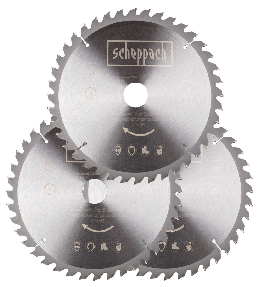 Scheppach Multifunktionssägeblätter Profi 3er-Set 255mm, drei Sägeblätter im Set, von vorne fotografiert.