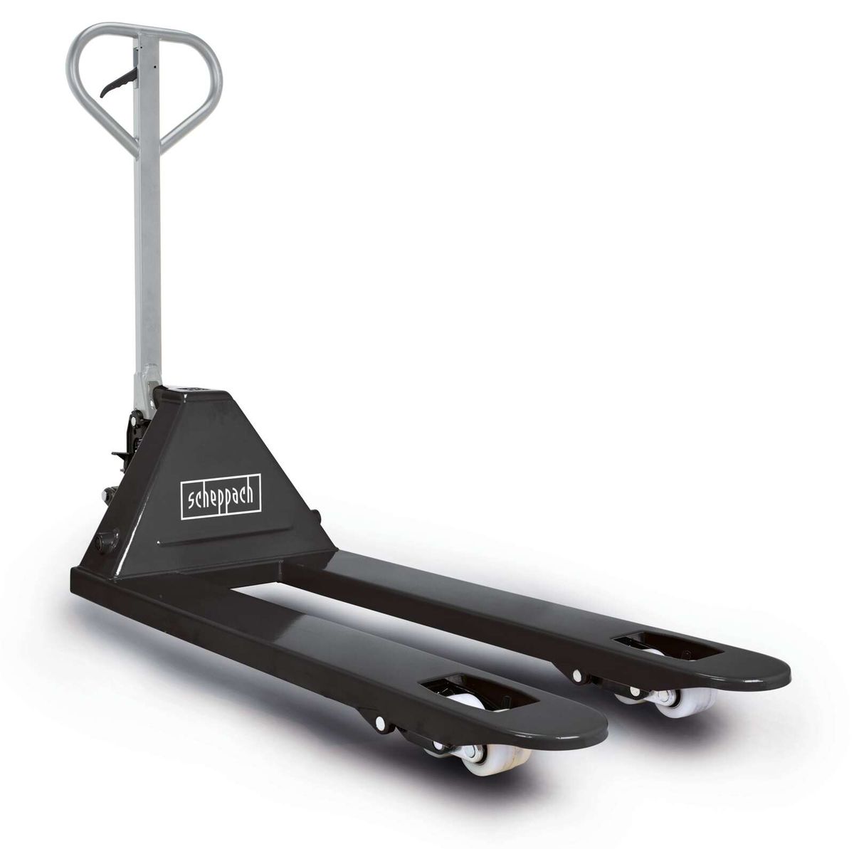 Scheppach-Handhubwagen mit ergonomischem Griff und vier Rädern für einfache Handhabung.