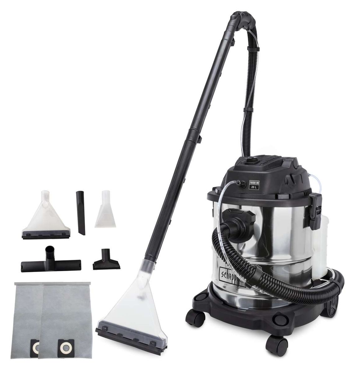 Sprüh- und Waschsauger Sprayvac20FB-BL von Scheppach, gezeigt von der Seite mit Zubehörteilen.