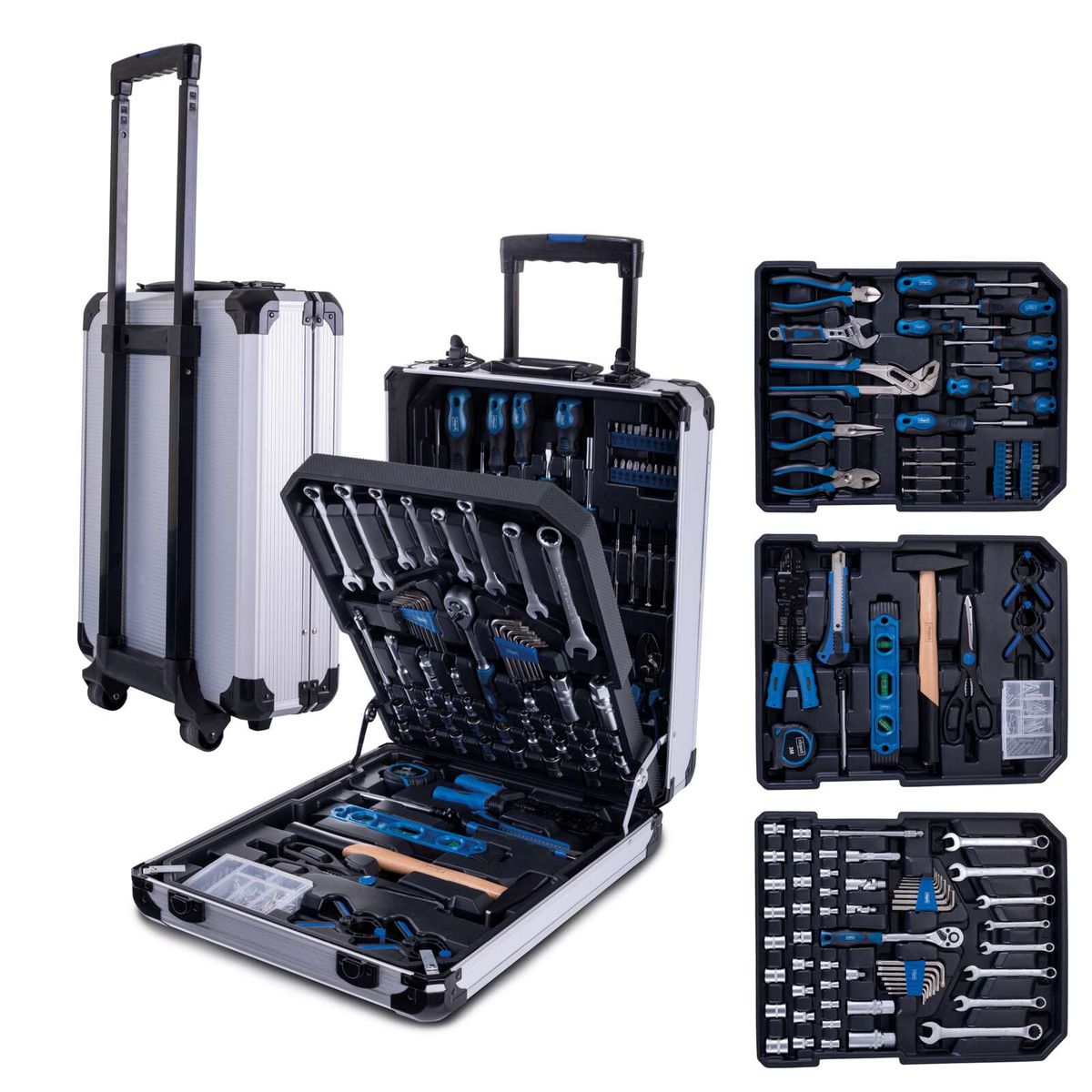 Werkzeugkoffer Scheppach WZT187 mit integriertem Organisationssystem für 187 Werkzeuge, inkl. Transportrollstange und verschließbaren Kompartimenten Tregelung.