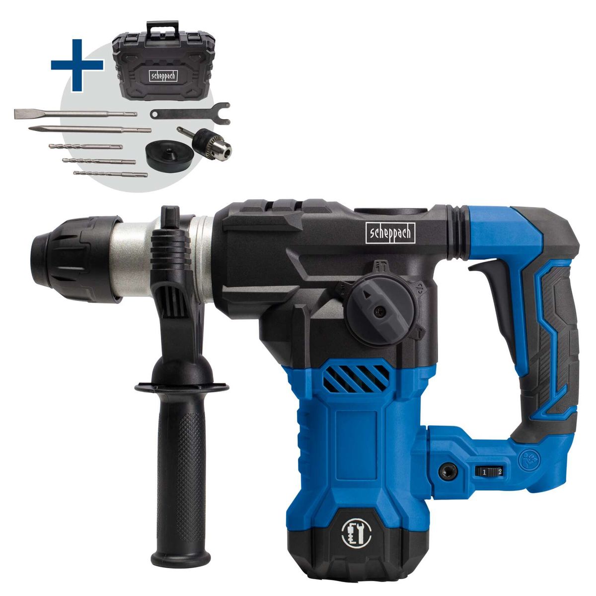 Scheppach Bohrhammer mit integriertem Zubehörkoffer und Bohrer-Set, inklusive ergonomischer Griffmulde und SDS-Plus-Antrieb