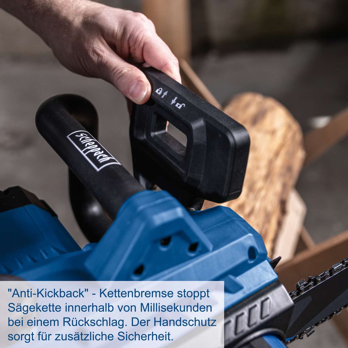 Anti-Rückschlag-Mechanismus für Kettenbremse der Scheppach-Elektrokettensäge; sofortige Unterbrechung der Sägekette bei Rückschlag in Millisekunden für zusätzliche Sicherheit