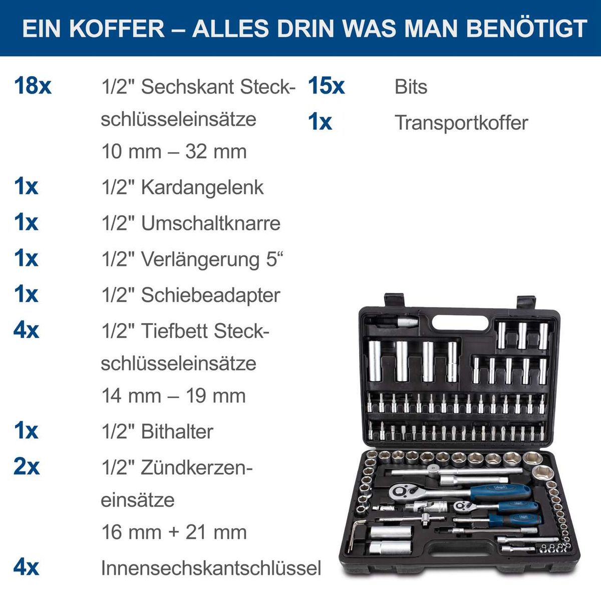 Werkzeugkoffer TB94 von Scheppach mit Steckschlüsselsätzen, Bits und Spezialwerkzeugen für DIY-Anwendungen