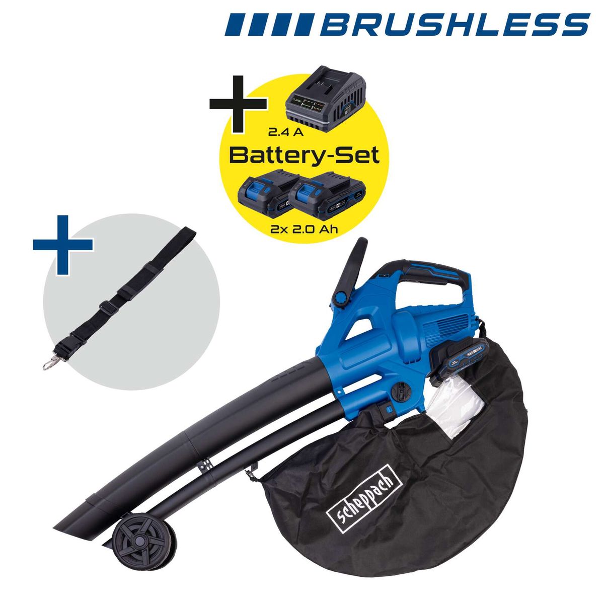 Brushless-Akku-Laubsauger mit 2 Akkus (je 2 Ah) und Ladegerät, inkl. langem Schlauch und Transportbeutel