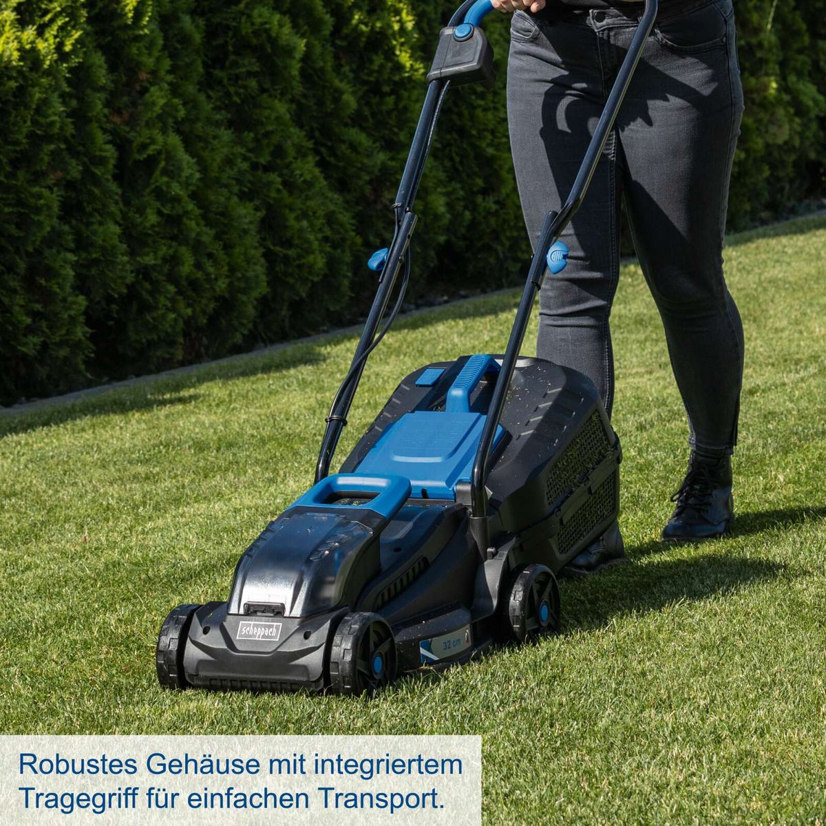 Robuster Akku-Rasenmäher mit integriertem Traggriff für einfachen Transport und robustem Gehäuse
