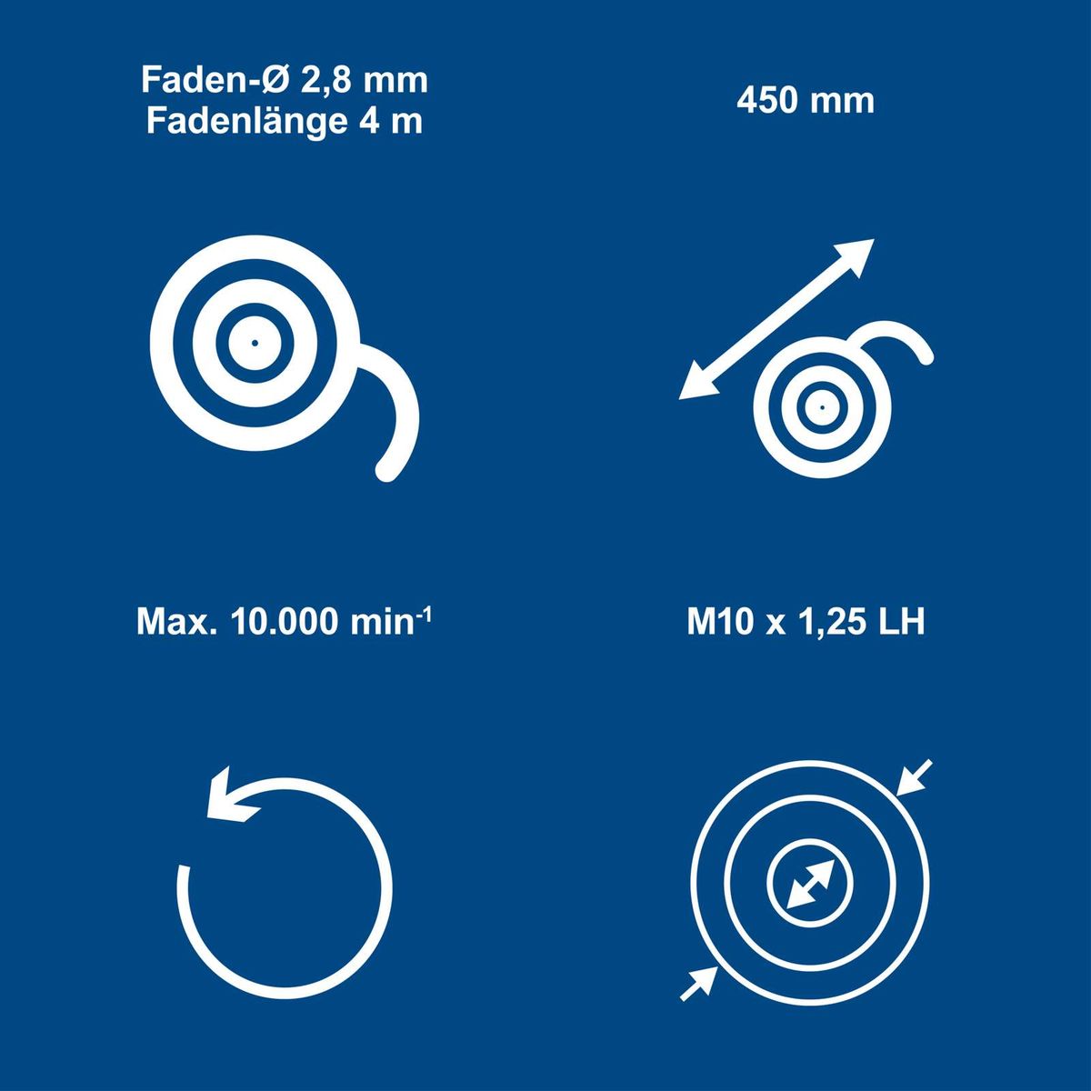 Technische Spezifikationen für Drehfaden: 2,8 mm Durchmesser, 4 Meter Länge, 450 mm Spulengröße, max. 10.000 min⁻¹ Drehgeschwindigkeit, M10 x 1,25 LH Gewinde