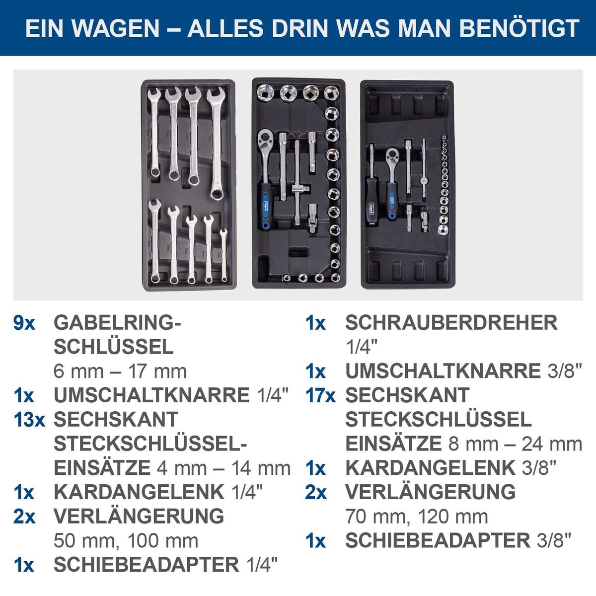 Werkzeugset für Werkstattwagen mit Kombi-Schlüssel, Ratenschlüssel, Steckschlüsseln und Adapter für mechanische Werkzeuge
