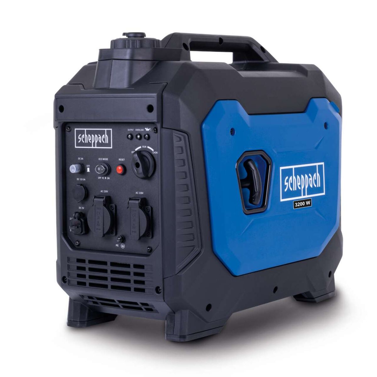 Der Scheppach Inverter SG3500i Generator mit 3200 Watt Leistung, Eco-Modus, DC 12V und AC 230V Anschlüssen, sowie Überlastschutz.