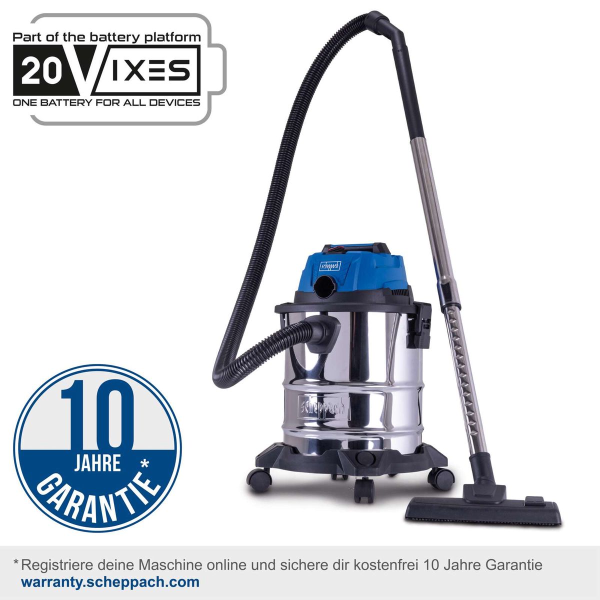 Scheppach Akku-Nass-/Trockensauger mit 10-jähriger Garantie, 20V-Batterie, Edelstahlbehälter, 20-Liter-Fassungsvermögen