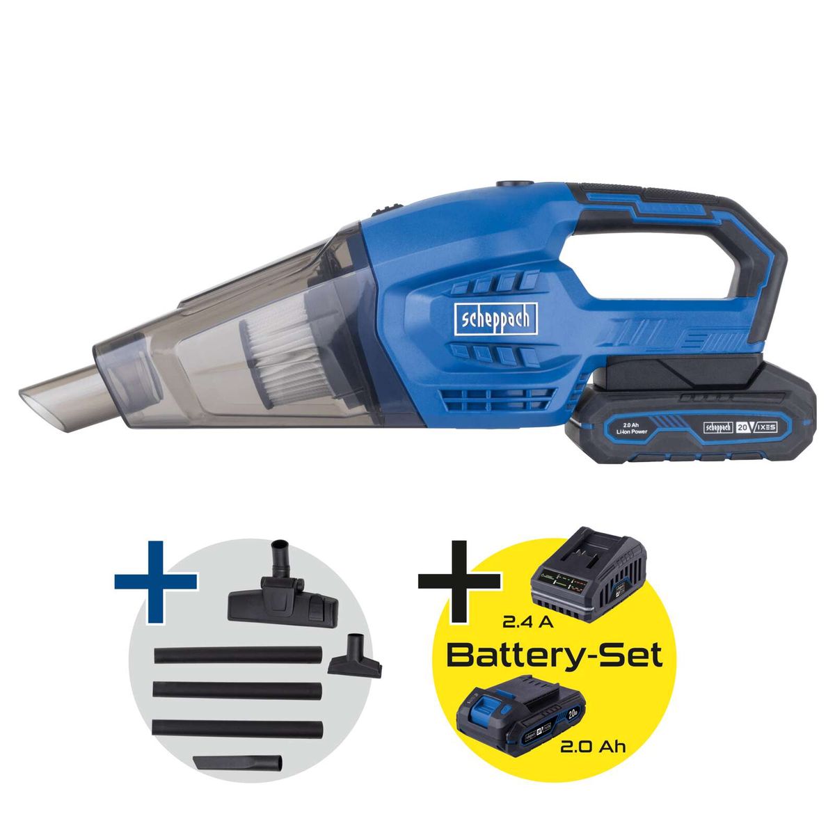 Scheppach-Vakuumhandgerät mit 2,0 Ah-Batterie, inkl. Ersatzfilter und Batterie-Set mit 2,4 Ah-Batterie