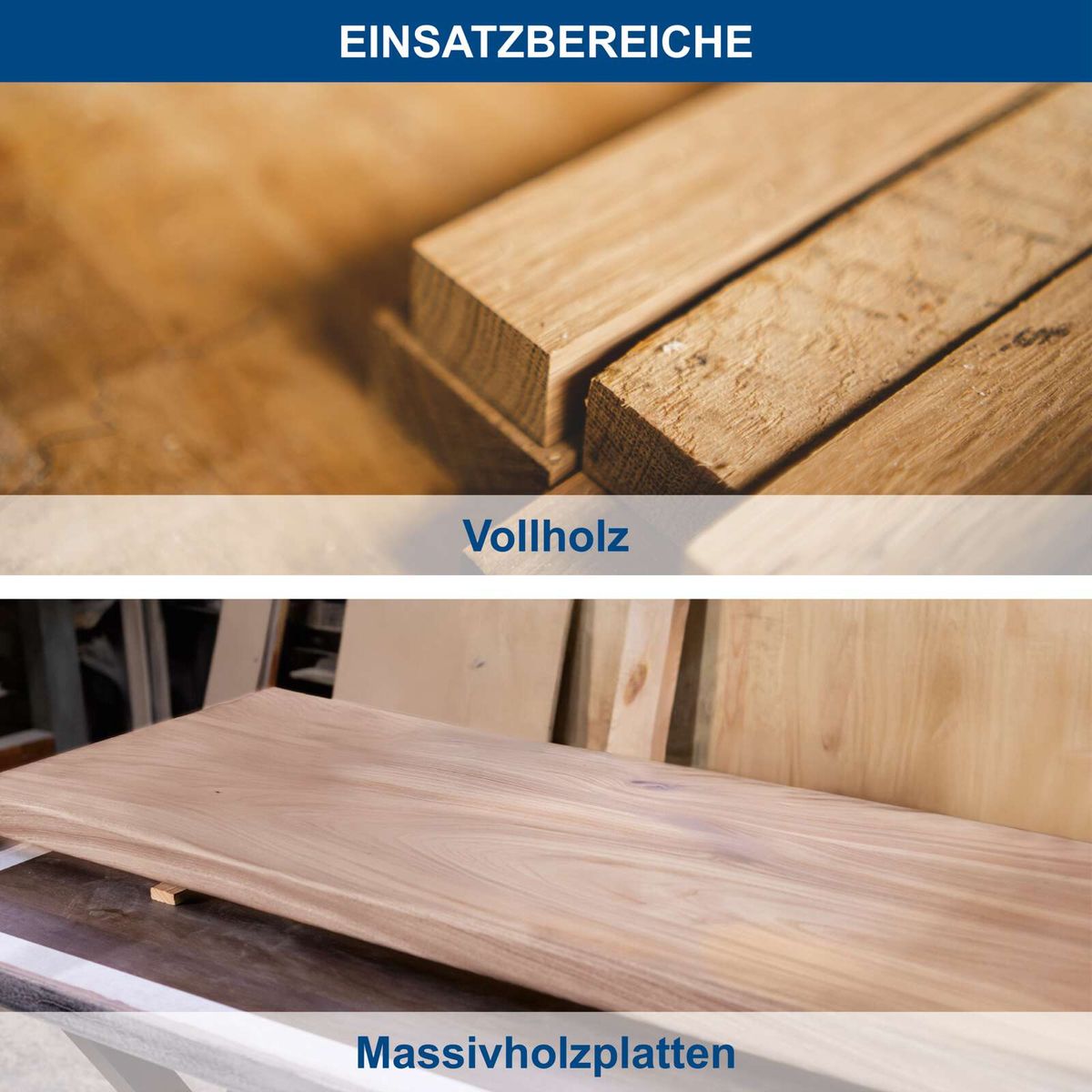 Holzwerkzeuge mit Vollholz- und Massivholzplatten für präzise Bearbeitung, inkl. Beschriftungen 'Einsatzbereiche' und 'Vollholz'