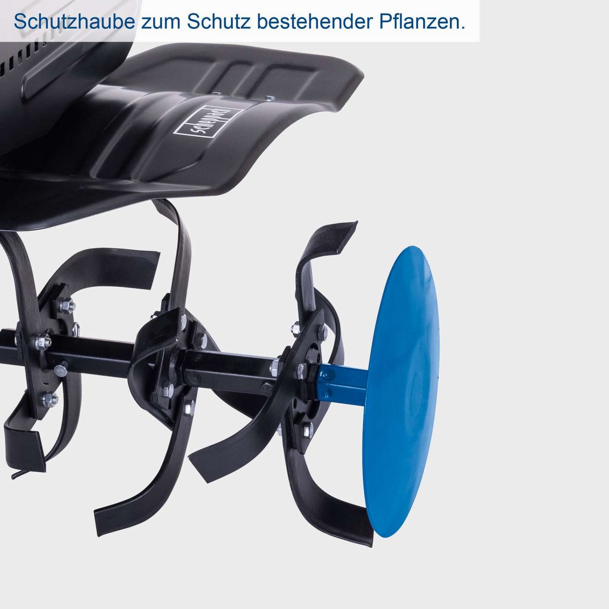 Schutzhaube für bestehende Pflanzen beim Scheppach-Motorhackwerkzeug mit Schutzmechanismen für Pflanzenwurzeln