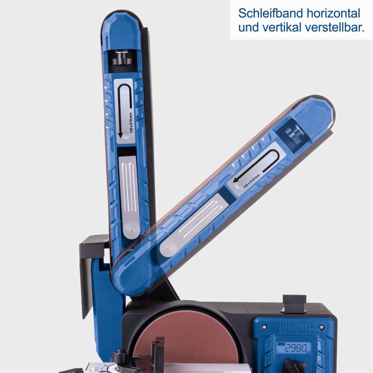 Der Band- und Tellerschleifer BTS900Vario von Scheppach bietet ein horizontal und vertikal verstellbares Schleifband mit den Maßen 100 x 915 mm.