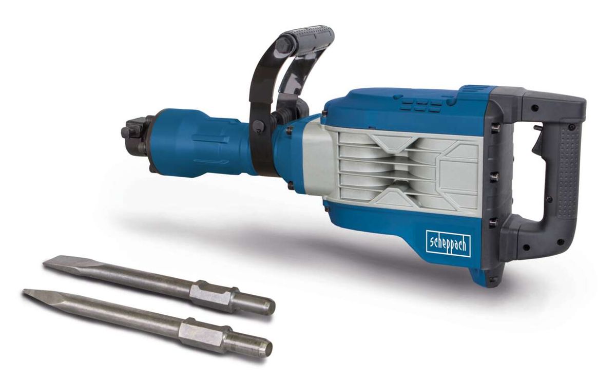 Abbruchhammer AB1900 von Scheppach, gezeigt von der Seite mit zwei Meißeln im Vordergrund.