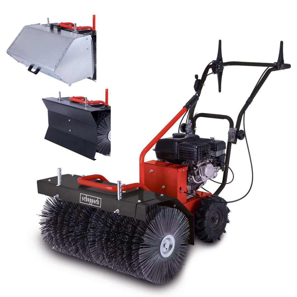Benzin Kehrmaschine SC2700P von Scheppach. 5,5 PS, 70 cm Kehrbreite, 1 Vorwärts- und 1 Rückwärtsgang. Inklusive Auffangbehälter und Schneeschild. Mit rotierenden Bürsten für effektives Kehren.