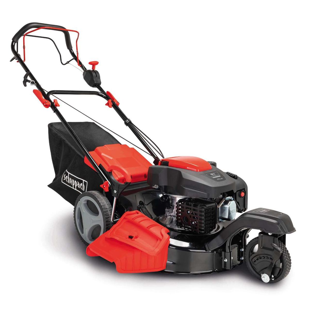 Der Scheppach Rasenmäher MS197-51-3W mit 51 cm Schnittbreite und 3-fach verstellbarer Schnitthöhe. Ausgestattet mit einem robusten Motor und praktischem Fangsack. Gezeigt von der Seite.