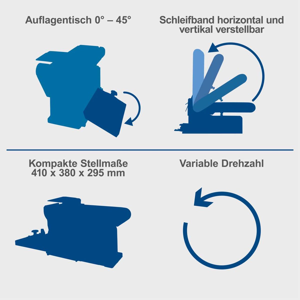 Auflagentisch 0° – 45° verstellbar, Schleifband horizontal und vertikal verstellbar, Kompakte Stellmaße 410 x 380 x 295 mm, Variable Drehzahl.