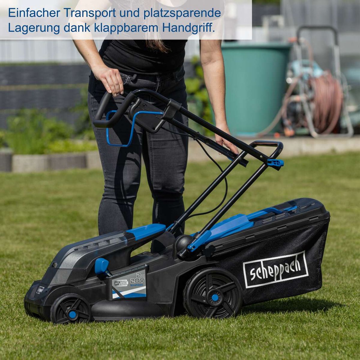 Akku-Rasenmäher mit klappbarem Griff für einfaches Transportieren und platzsparende Lagerung