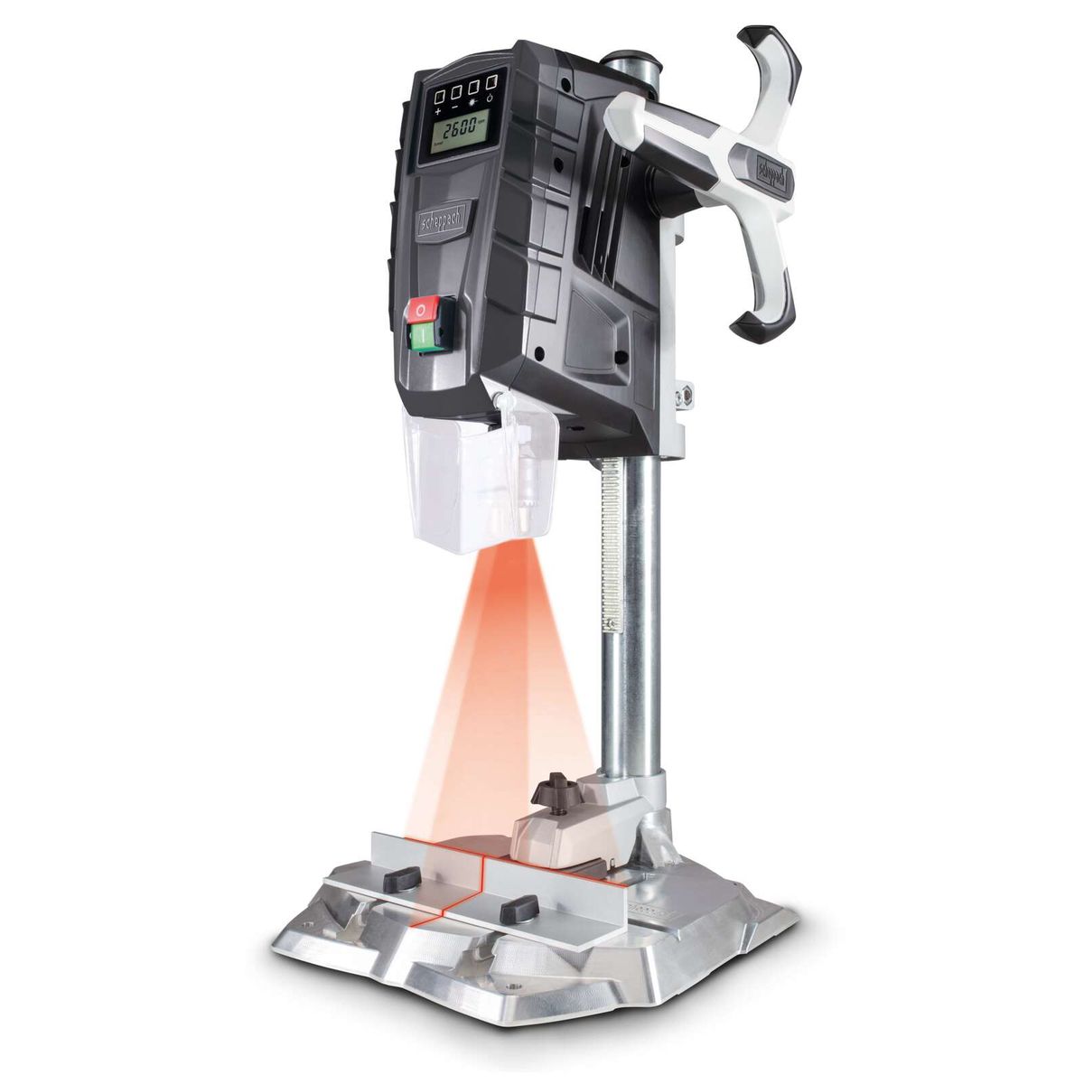 Tischbohrmaschine BTD55Vario-BE Scheppach mit Laserführung und variabler Drehzahl. Bohrfutter für 1,5–13mm. 900W Leistung. Gezeigt von der Seite mit Laserstrahl.