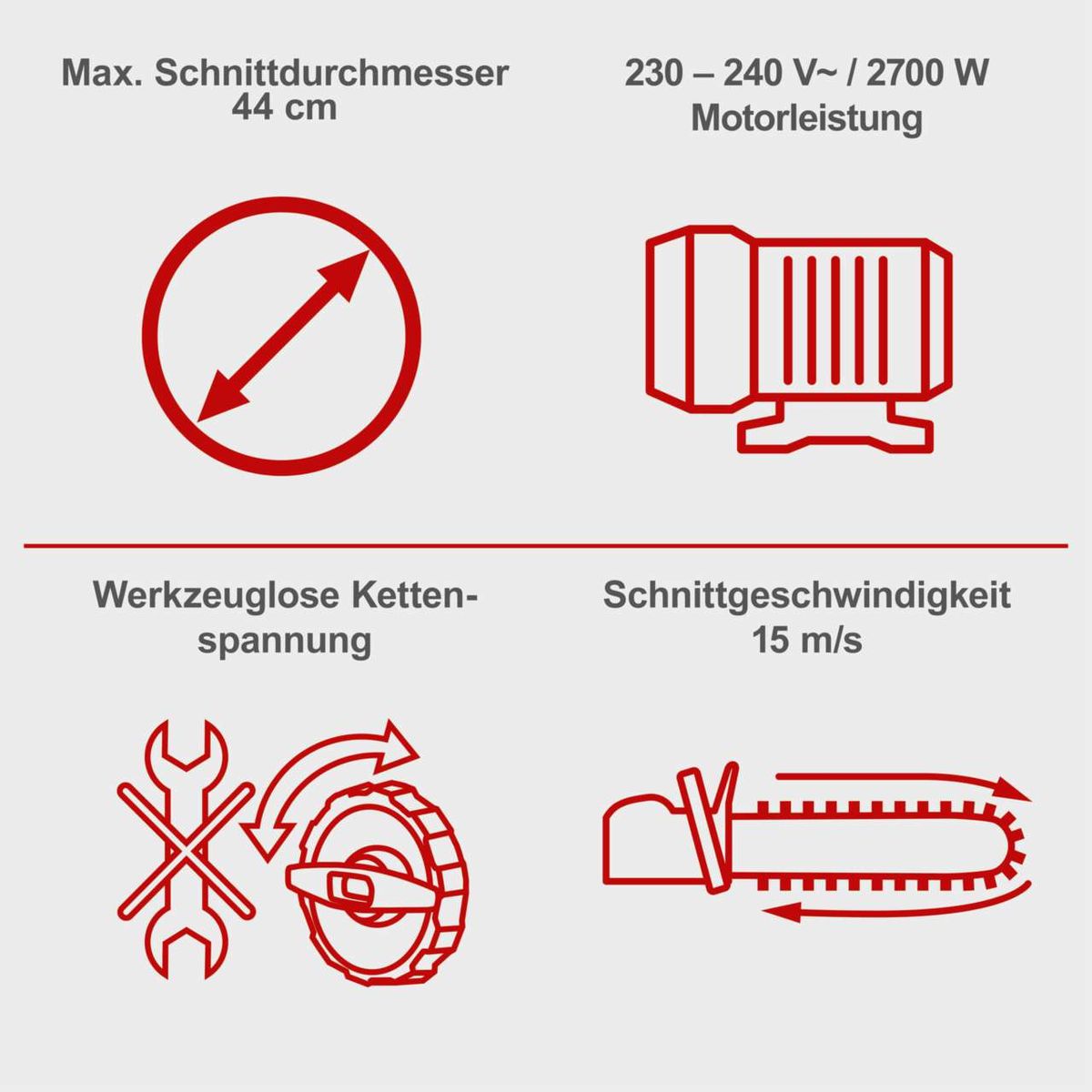 Elektro-Kettensäge CSE2700 mit werkzeugloser Kettenspannung, 44 cm maximaler Schnittdurchmesser, 230-240 V / 2700 W Motorleistung, Schnittgeschwindigkeit 15 m/s.