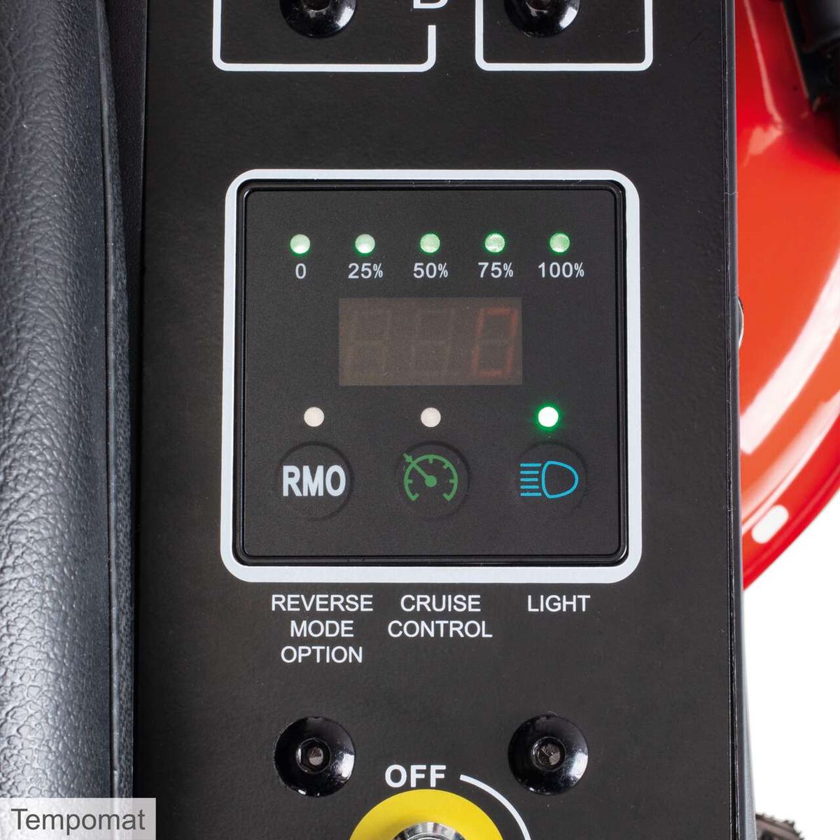 Kontrollpanel mit Tempomat-Funktion für Akku-Aufsitzrasenmäher mit Cruise-Control, LED-Licht und Reverse-Mode-Option