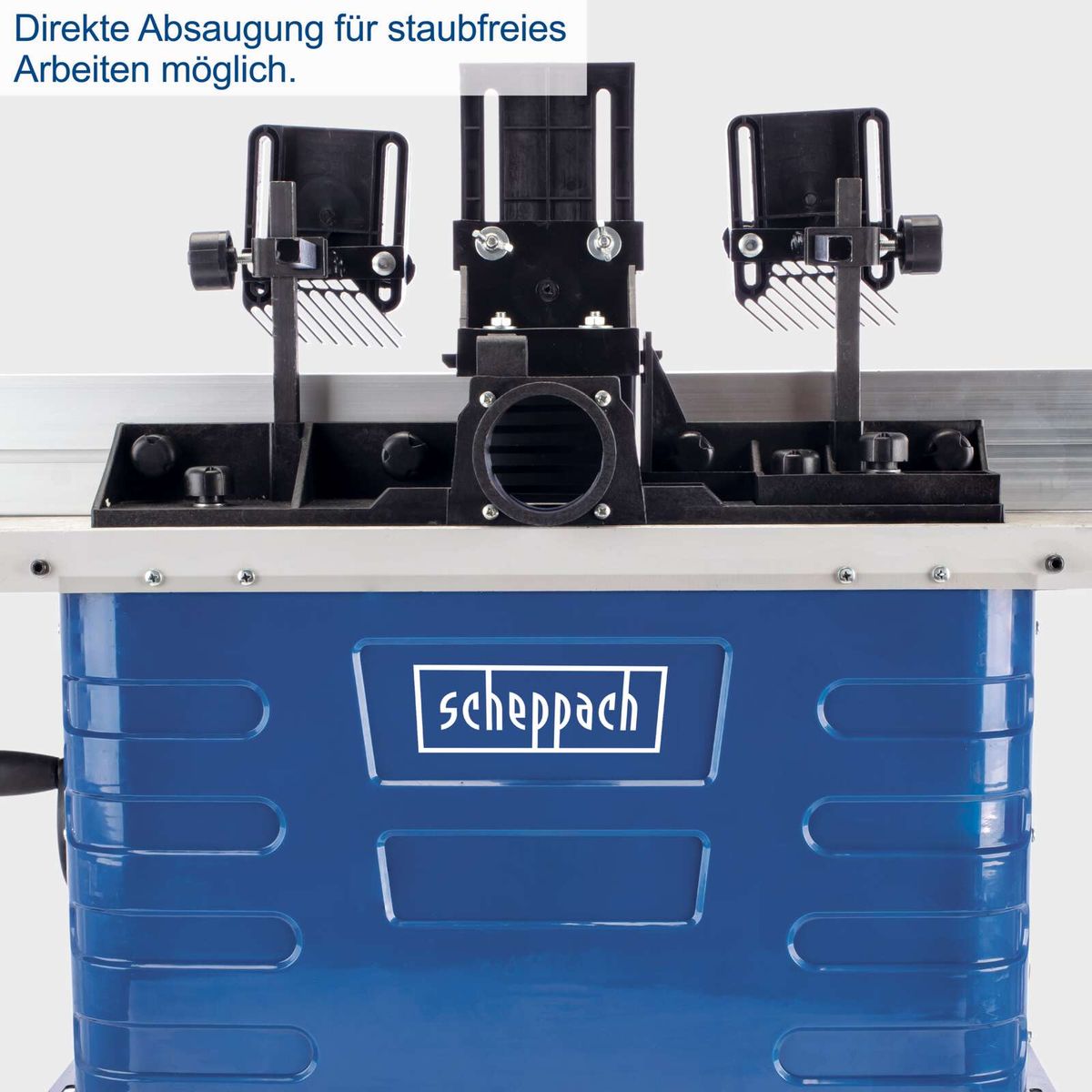 Direkte Absaugung für staubfreies Arbeiten möglich. Die Fräsmaschine HF50 von Scheppach verfügt über eine integrierte Absaugung, die für eine saubere Arbeitsumgebung sorgt.