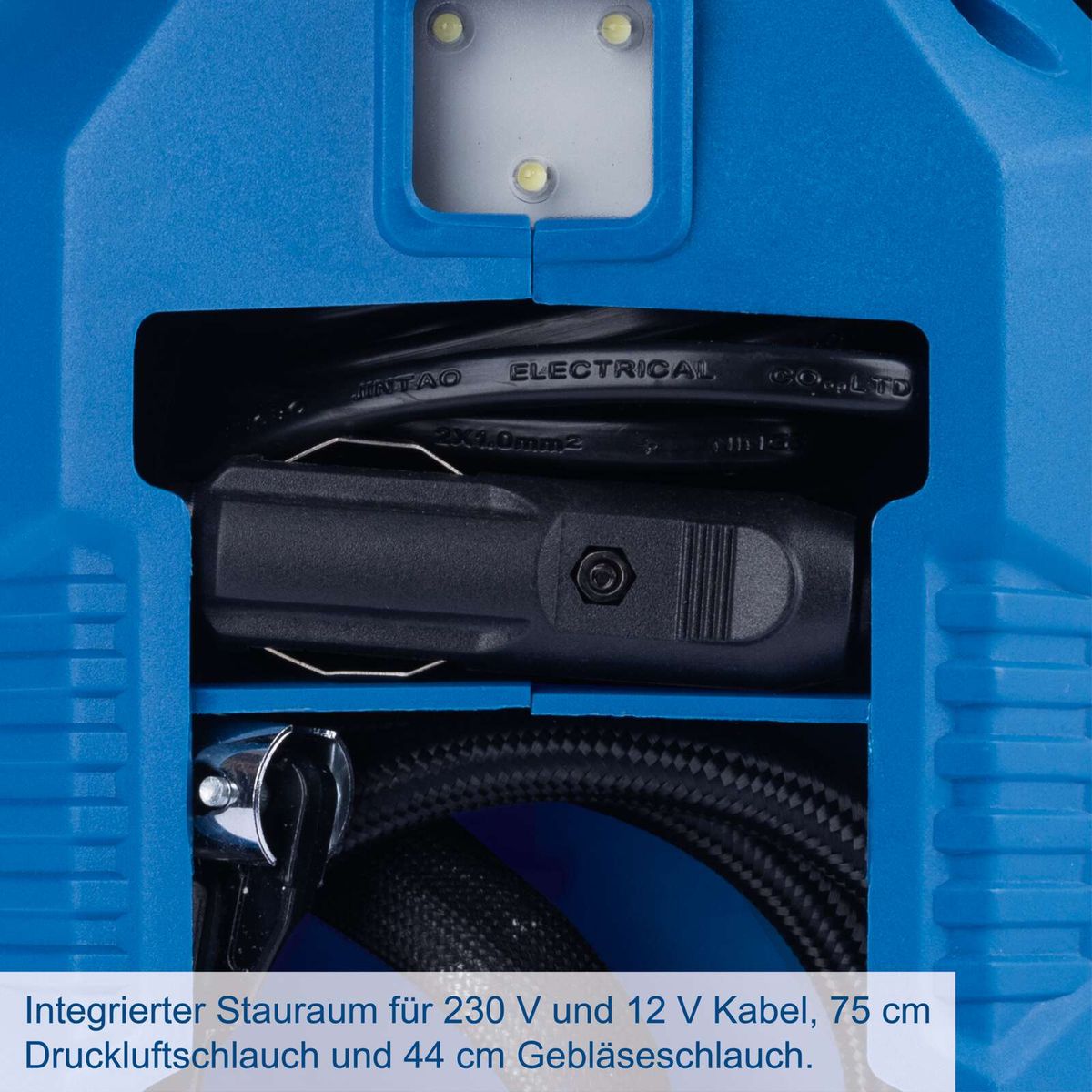 Integrierter Stauraum für Kabel (230 V und 12 V) sowie Druckluft- und Gebläseschlauch (75 cm bzw. 44 cm)
