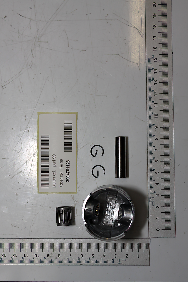 Scheppach-Pistonsatz mit Beschriftung und Bauteilen (Kolben, Bolzen, Ring, Schraubenmuttern) für Kolbenkombination Ø 44 x 40