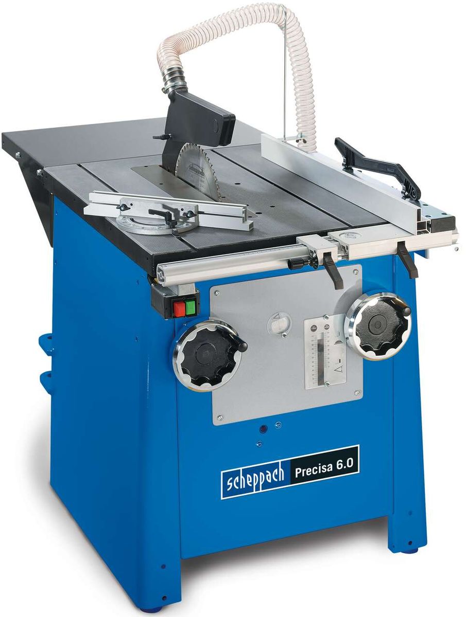 Tischkreissäge Precisa 6.0 von Scheppach, seitliche Ansicht mit Bedienpanel und Staubabsaugung.