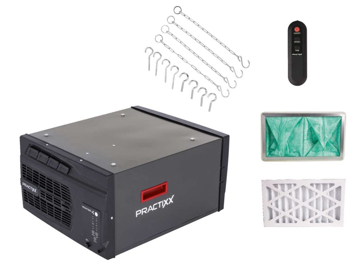 Luftreiniger Practixx mit Zubehör: Filter, Halterungen und Fernbedienung