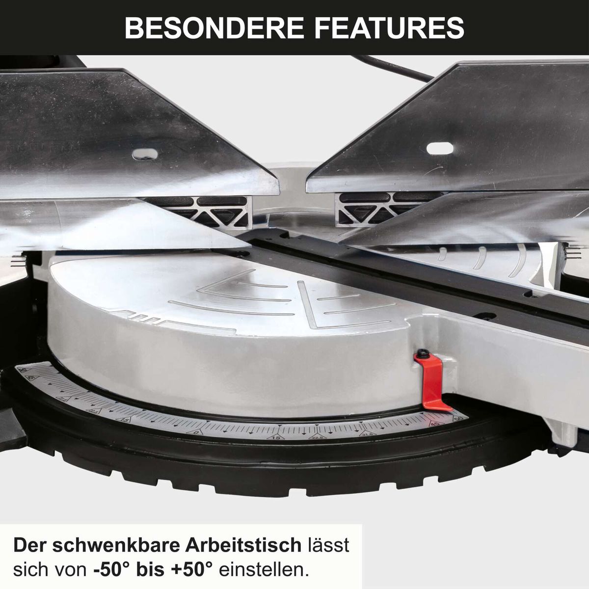 Die schwenkbare Arbeitstisch der Kapp-Zugsäge KZGS310PS-BE lässt sich von -50° bis +50° einstellen. Die Säge verfügt über einen Posaunenauszug und ein 48Z HW Blatt.