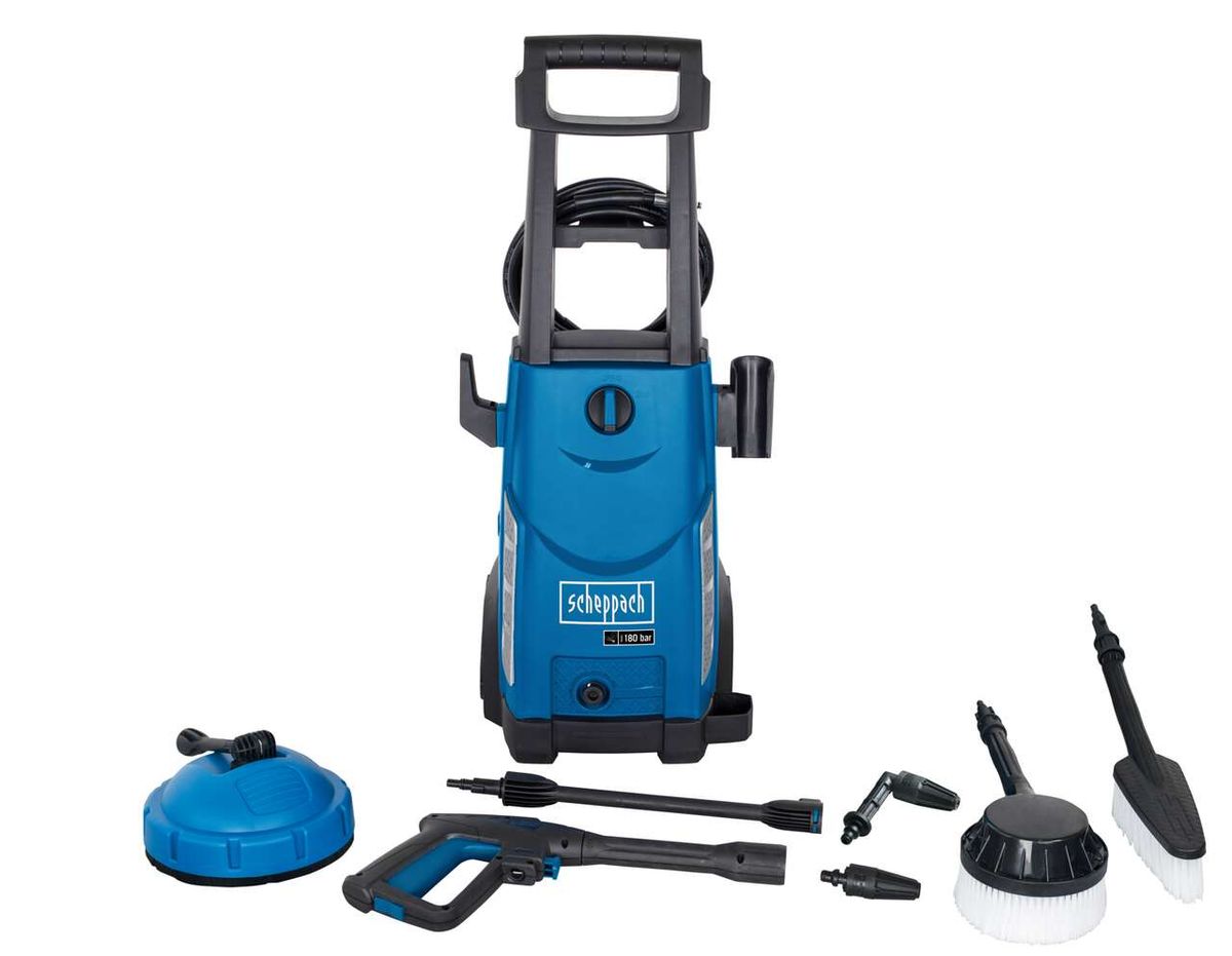 Scheppach Hochdruckreiniger mit Zubehörset: Hochdruckreiniger mit verschiedenen Düsen und Bürsten für Reinigungsaufgaben