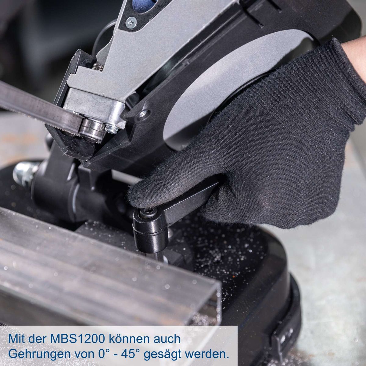 Metallbandsäge mit Angabe der 45-Grad-Mitersäge-Fähigkeit für die MBS1200