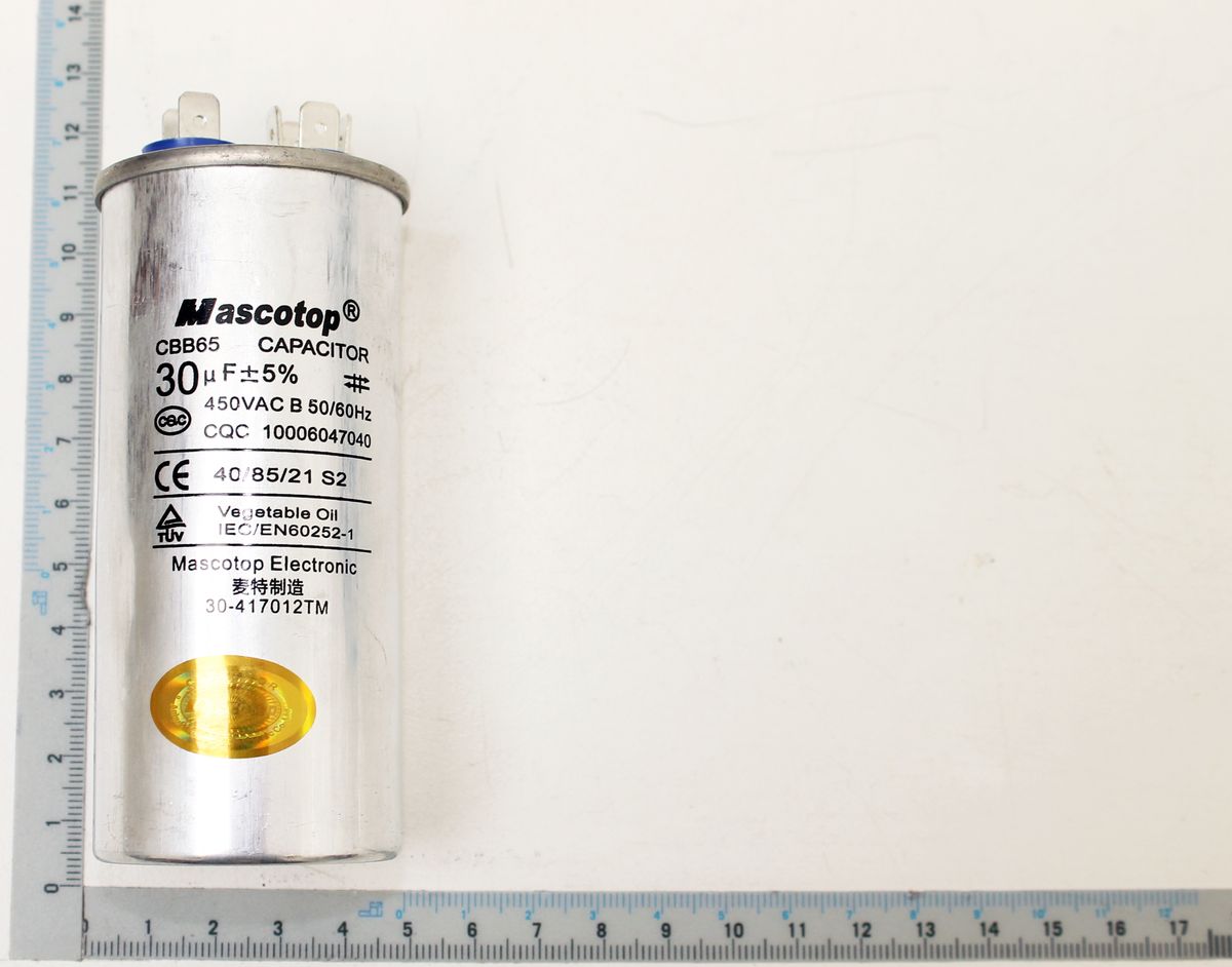 Mascotop-Kondensator CBB65 mit 30 µF und 450V, mit Steckeranschluss und Markierungen