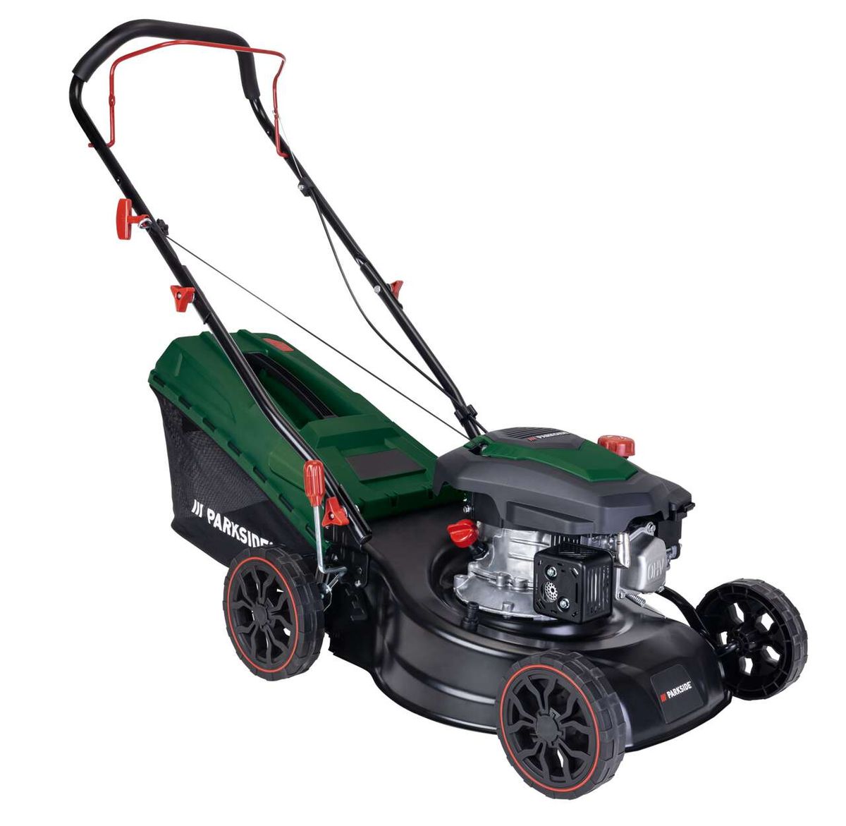 Benzin-Rasenmäher PBRM 41 B2 Parkside, seitliche Ansicht, mit grünem Auffangbehälter und schwarzem Gehäuse.