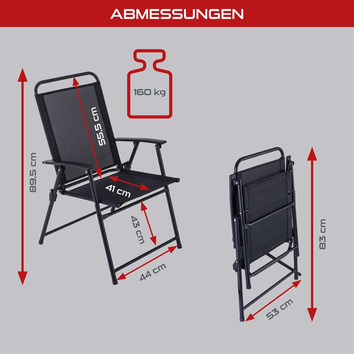 Klappstuhl mit Abmessungen und Traglastangabe für Balkon- oder Gartenmöbel