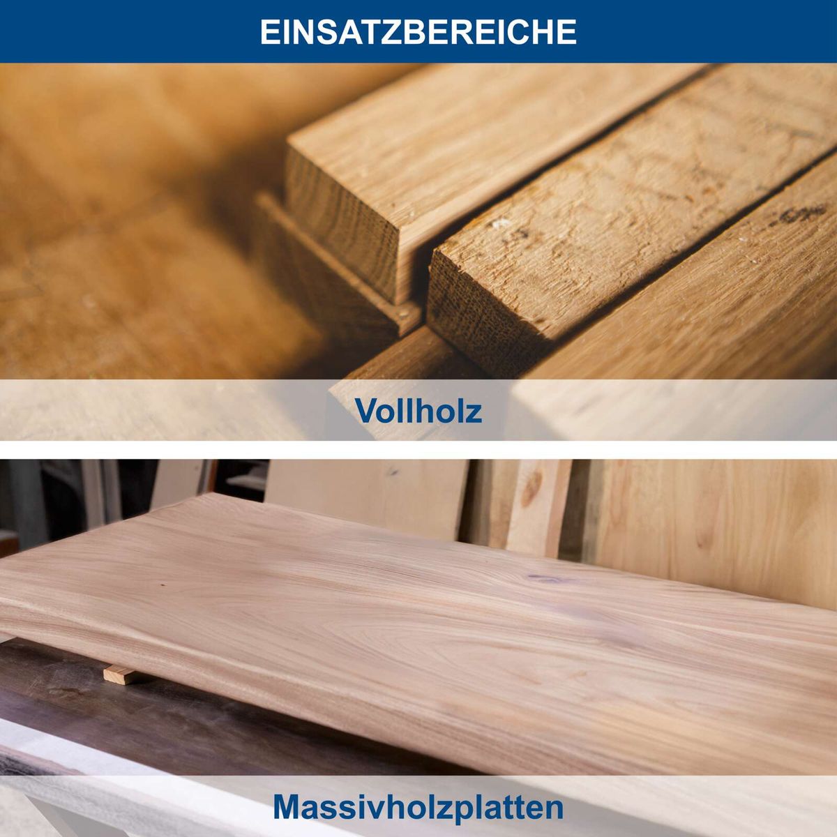 Holzwerkzeuge mit Vollholz- und Massivholzplatten für Kreissägen, inkl. Beschriftung 'Einsatzbereiche'
