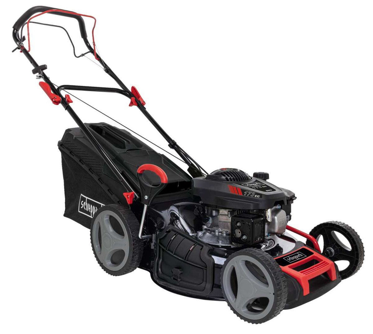 Benzin Rasenmäher LM173-51S Scheppach, 51 cm Schnittbreite, 4,1 PS, 65L Fangkorb, Radantrieb. Gezeigt von der Seite.