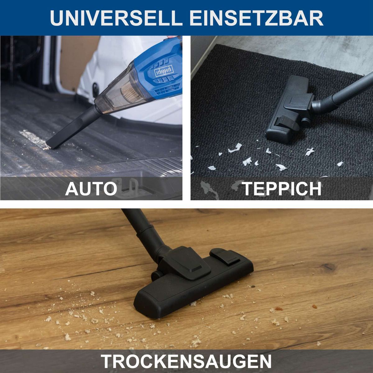 Akku-Handstaubsauger mit universellen Ansaugköpfen für Teppich, Boden und Trockensaugen