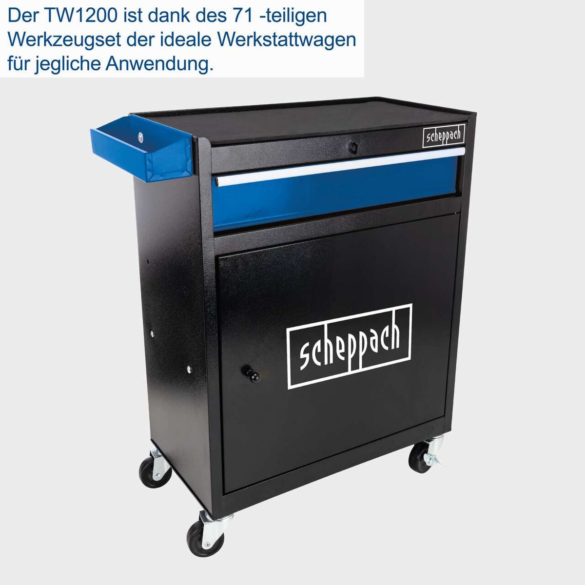 Der Werkstattwagen TW1200 von Scheppach mit 71-teiligem Werkzeugset für vielfältige Anwendungen. Inklusive abnehmbarer Werkzeugkiste und fahrbarer Konstruktion.