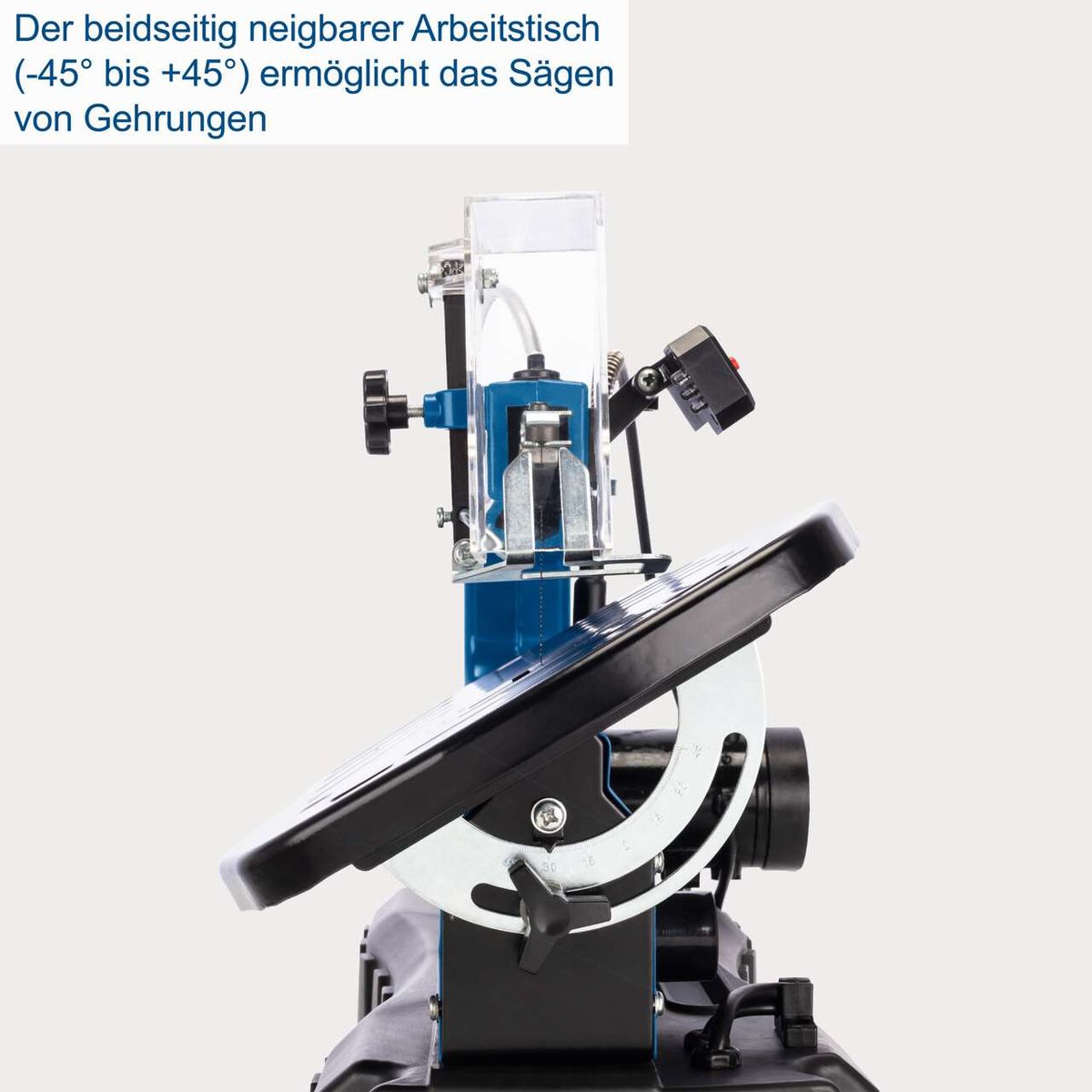 Der Arbeitstisch der Dekupiersäge DECO SL ist um bis zu 45° nach beiden Seiten neigbar.