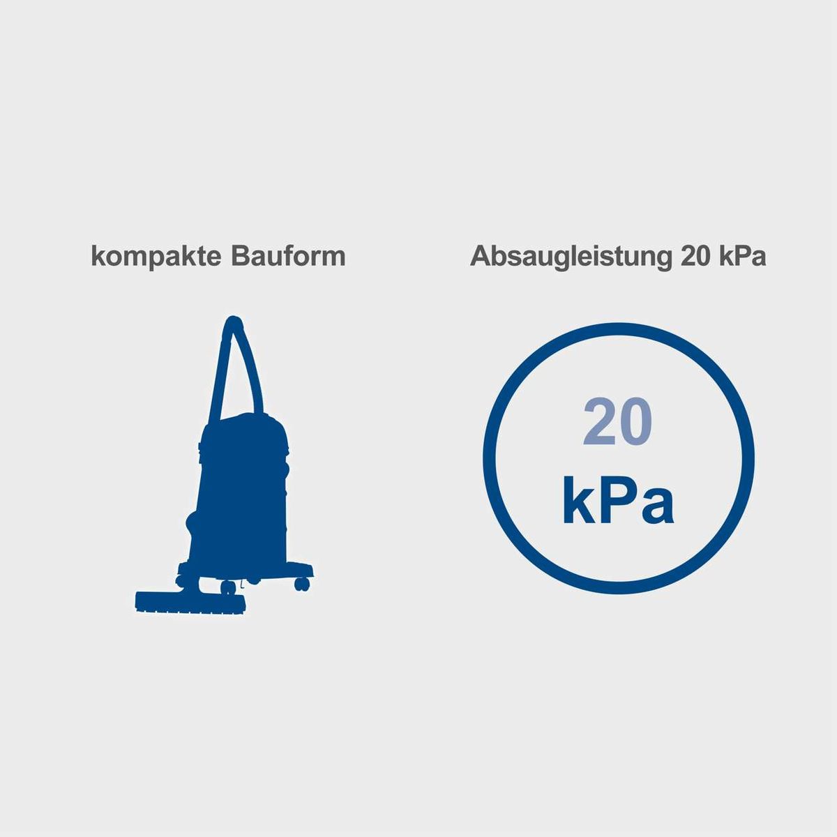 Kompaktes Design eines Scheppach-Nass- und Trockensaugers mit Absaugleistung von 20 kPa