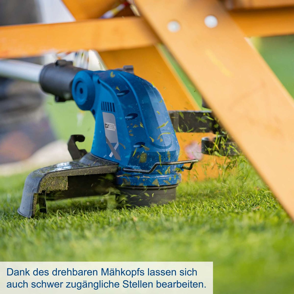 Rotierendes Mähtopf-Modul für präzises Arbeiten schwer zugänglicher Stellen auf Scheppach-Rasentrimmer