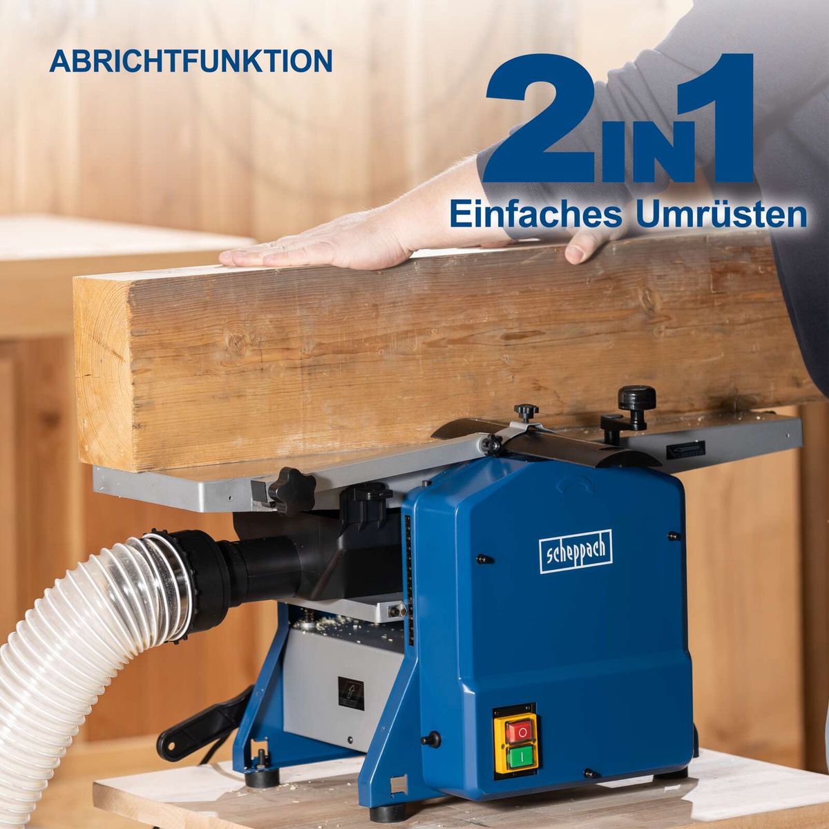 Die Abricht- & Dickenhobelmaschine HMS850 von Scheppach bietet eine 2-in-1-Funktion mit einfacher Umrüstung. Ideal für präzises Hobeln und Dickenhobeln.