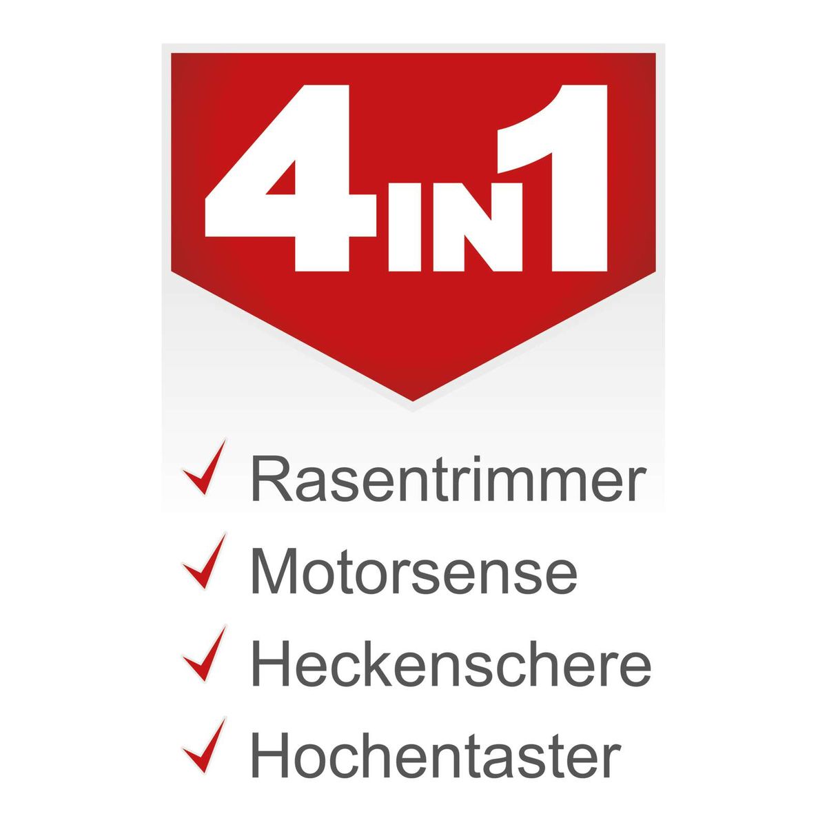 Das Benzin-Multifunktionsgerät PMT520 von Scheppach bietet vier Funktionen: Rasentrimmer, Motorsense, Heckenschere und Hochentaster. Es verfügt über einen 1,4 kW (1,9 PS) 2-Takt-Benzinmotor mit Seilzugstarter.