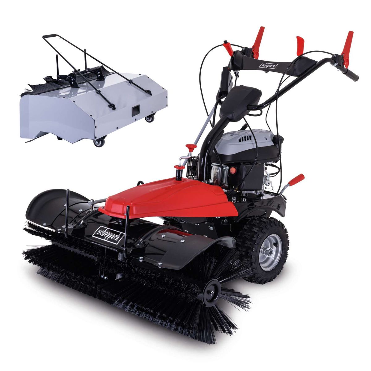 Benzin Kehrmaschine SC2200PE von Scheppach mit 4,9 PS, 100 cm Kehrbreite, E-Start, 3 Vorwärts- und 1 Rückwärtsgang sowie inkl. Auffangbehälter.