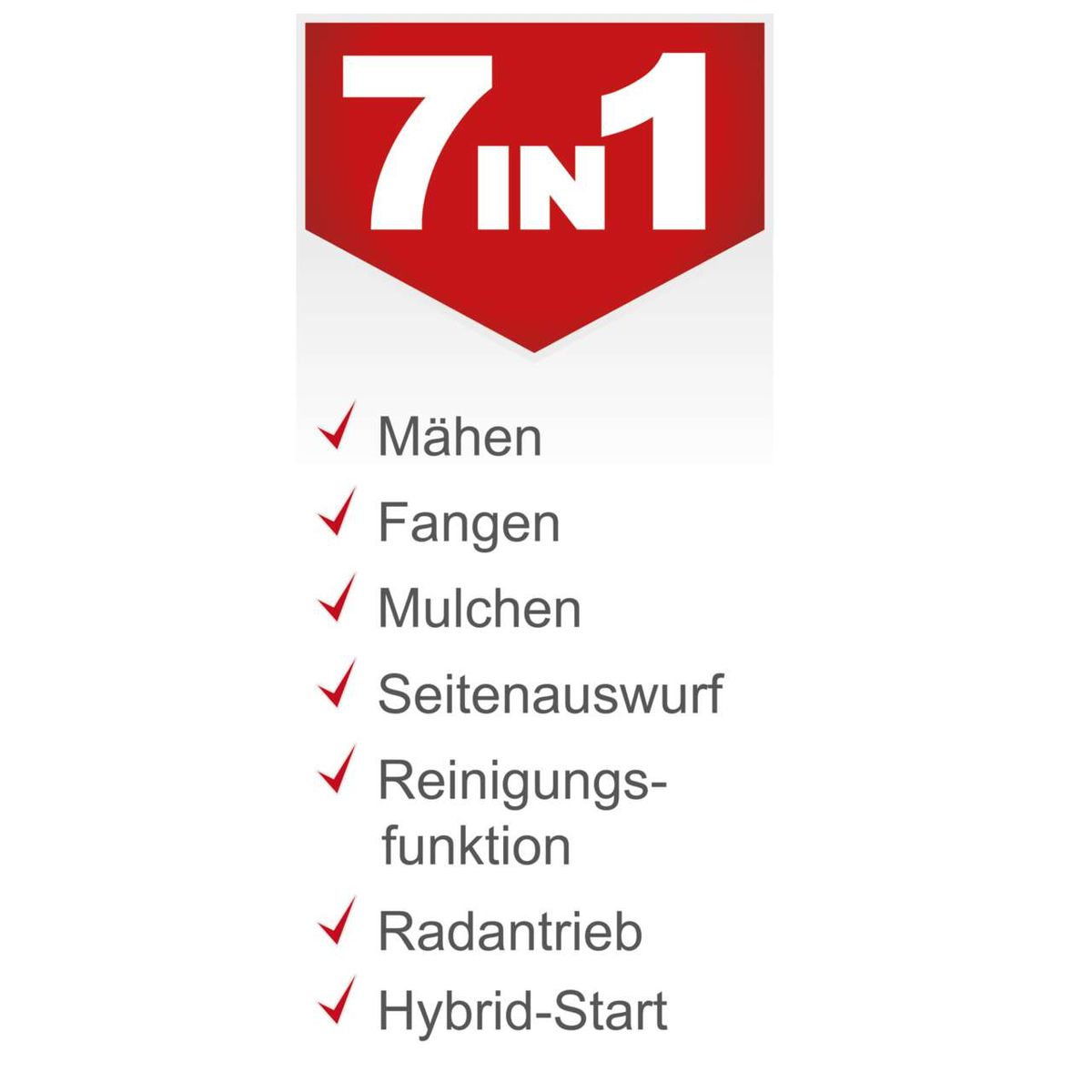 Der Rasenmäher MS173-51E von Scheppach bietet folgende Funktionen: Mähen, Fangen, Mulchen, Seitenauswurf, Reinigungsfunktion, Radantrieb und Hybrid-Start.