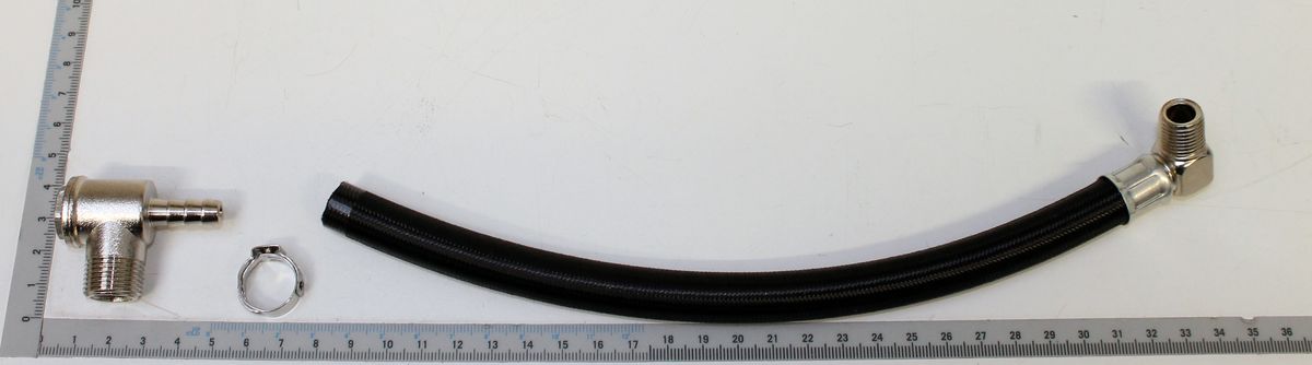 Luftleitung kpl. Gewinde G3/8/G1/4 mit Gewebeschlauch, Ansicht von der Seite mit Maßstab.